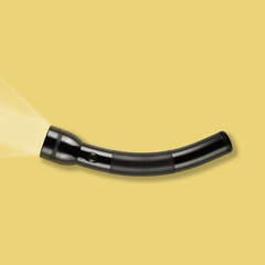 Happy flashlight on a yellow background, Creative concept, smiley, cheerful, focus idea, product...
