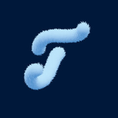 3d alphabet, furry letter T, rendering on blue background