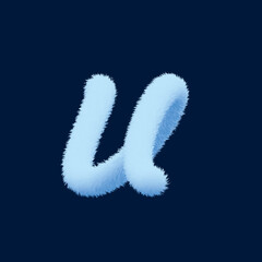 3d alphabet, furry letter U, rendering on blue background