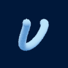 3d alphabet, furry letter V, rendering on blue background