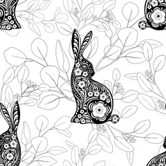 Naklejka premium Seamless Doodle Rabbit with Eucalyptus leaves on white background,Chinese zodiac for element, Edless fabric pattern Easter Bunny with Floral fancy hare for print,wrapping paper