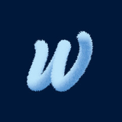 3d alphabet, furry letter W, rendering on blue background