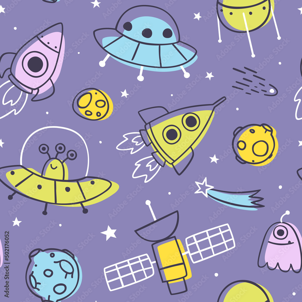 Poster outline doodle violet space pattern. cosmic seamless print with spaceship and aliens for kids.