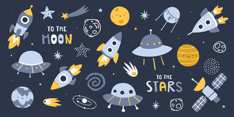 Cute outer space set. Cosmic scandinavian vector collection. Doodle spaceships stickers bundle. © Sonium_art