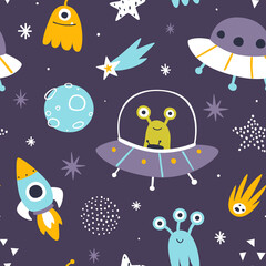 Cute space adventure pattern with aliens on the ufo. Funny seamless cosmic print for baby textile and nursery fabric. © Sonium_art