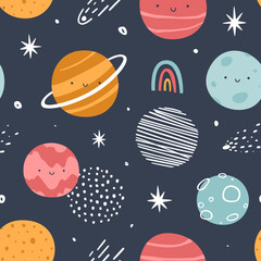 Planets with smiling faces in the space pattern. Space seamless vector print for baby textile and nursery fabric. © Sonium_art