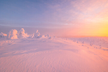 Riisitunturi national park at sunset in winter. Finnish Lapland