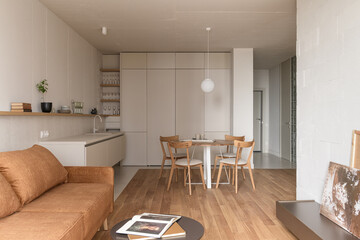 kitchen-studio, apartment with open plan, dining area, living room	
