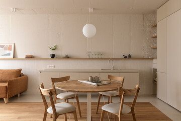 modern beige kitchen interior with kitchen accessories, loft style kitchen interior, apartment with...