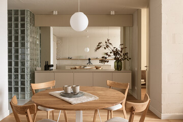 modern beige kitchen interior with kitchen accessories, loft style kitchen interior, apartment with open plan