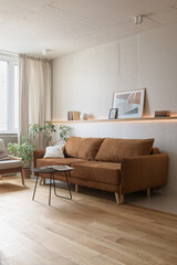 living room in modern studio apartment, brown sofa in the living room, loft style interior