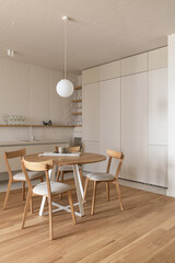 modern beige kitchen interior with kitchen accessories, loft style kitchen interior