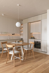 modern beige kitchen interior with kitchen accessories, loft style kitchen interior