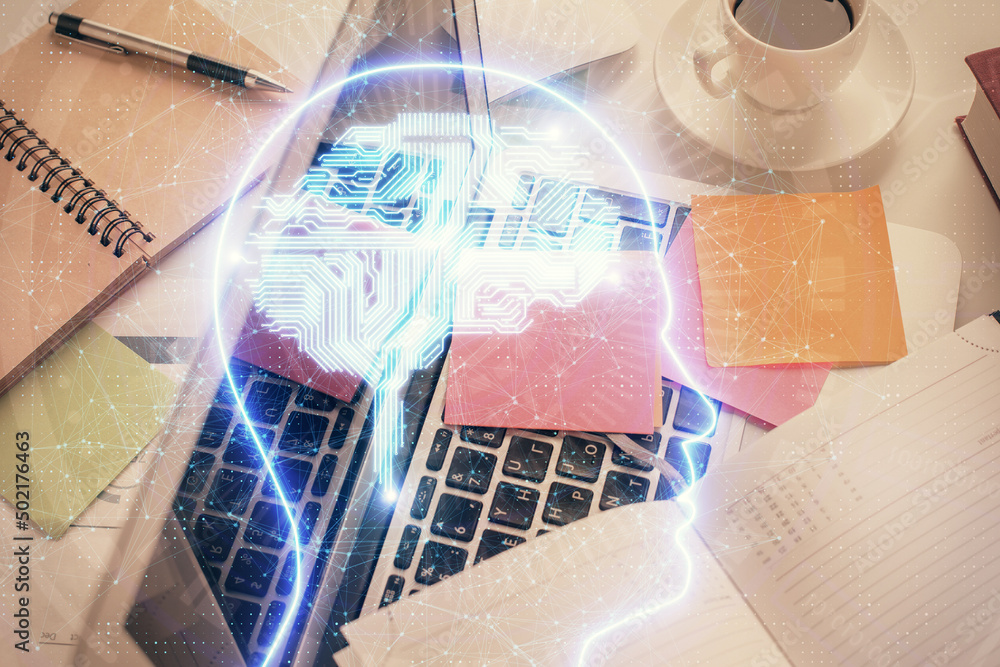 Aufkleber multi exposure of brain sketch hologram over topview work table background with computer. concept of