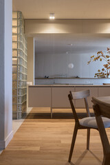 modern loft style apartment, evening lighting in the interior