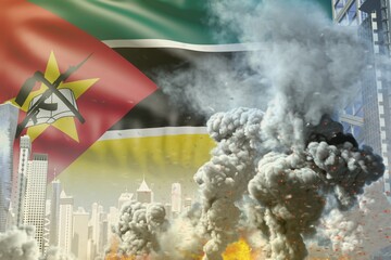 huge smoke pillar with fire in abstract city - concept of industrial catastrophe or terrorist act on Mozambique flag background, industrial 3D illustration