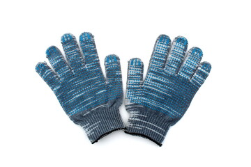 A pair of work gloves lies on a white background.