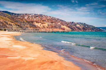 Empty sand beach in Albena resort. Colorful morning scene of Bulgaria, Europe. Sunny seascape of Black sea. Vacation concept background..