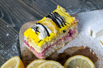 lemon strawberry cake made of several layers of cakes of different flavors