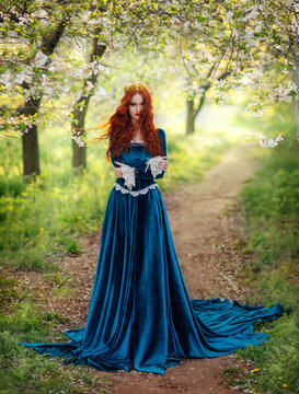 Redhead fantasy woman queen. Blue long velvet medieval dress, vintage clothing. Red curly hair flying waving in wind. Summer nature green flowering trees garden footpath path. Girl Princess walking