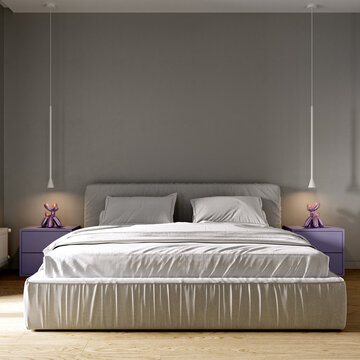 Modern interior white bedroom with purple bedside tables. 3d rendering.