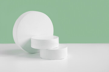 Podium for cosmetic product presentation. Abstract minimal geometrical form. Cylinder stone sphere two forms, shadow. Trendy Scene. Front view. 3D