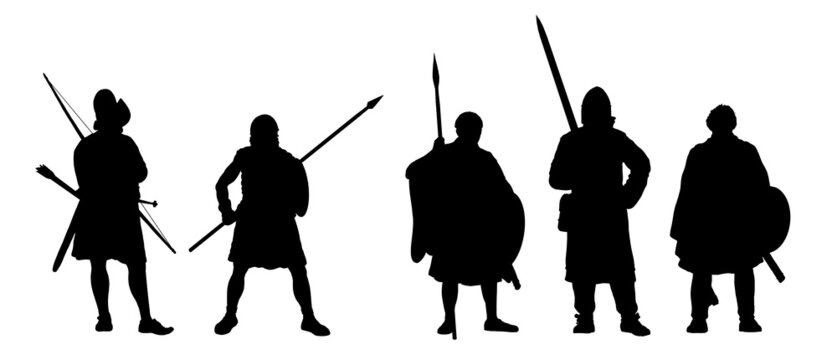 Medieval knights silhouette illustration. Set of isolated warriors.