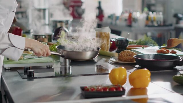 Professional cook preparing gastronomy dish in frying pan, using ingredients and kitchen utensils. Authentic female chef cooking gourmet meal with culinary food recipe on stove. Handheld shot.