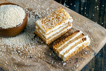 creamy cream and caramel cakes sprinkled with sesame