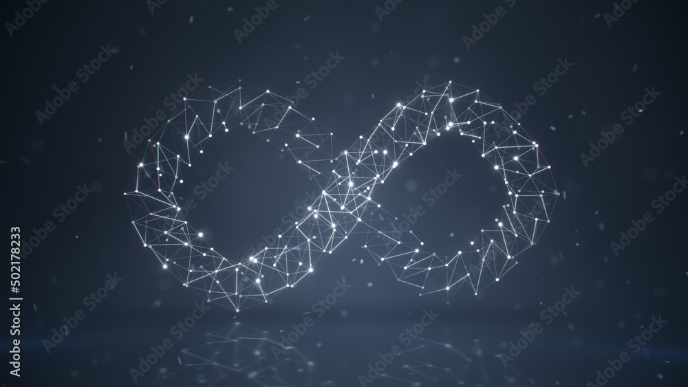 Poster plexus mesh of lemniscate mathematical sign 3d rendering illustration