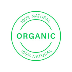 100 Percent Organic Green Line Icon. Bio Healthy Eco Food Stiker. Natural Product Stamp. Ecology Product Vegan Food Outline Sign. Organic Leaf Eco Sign. Isolated Vector Illustration