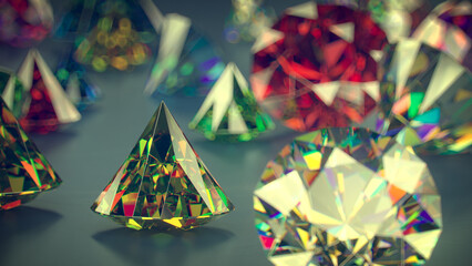 Multicolored brilliant round cut diamonds close-up 3D rendering illustration - obrazy, fototapety, plakaty