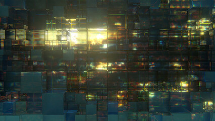 Glass cubes and glitch background 3D render