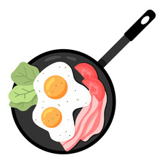 Scrambled eggs in a pan. Fried eggs with vegetables and bacon. Vector illustration in cartoon style. English delicious breakfast. Omelet with tomato and bacon.