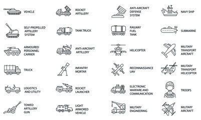set of 24 outline army web icons. military vehicles,  planes and boats. - obrazy, fototapety, plakaty