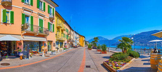 Panorama of Riva dal Garavell embankment and Lake Lugano, Morcote, Switzerland