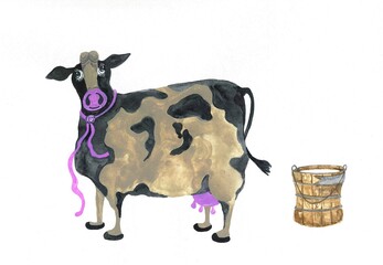 a funny watercolor spotted cow with a pink udder and a wooden bucket with an empty space for your text here. Farmer milk postcard
