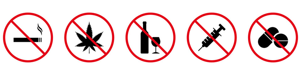 No Smoke Cigarette, Drink Alcohol, Take Drug and Pill Black Silhouette Icon. Addiction Forbidden Pictogram. Warning Not Narcotic, Doping Zone Red Stop Symbol. Isolated Vector Illustration - obrazy, fototapety, plakaty