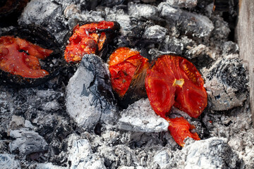 barbecue with cooking fresh eggplant on the fire