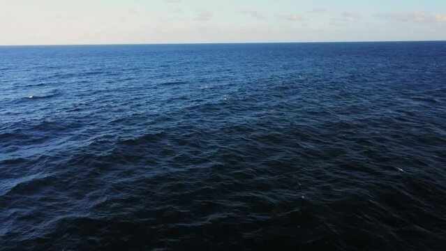 Vibrant dark blue color ocean water with endless horizon, aerial fly backward view