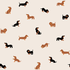 Cartoon happy dachshund - seamless trendy pattern with dogs in various poses. Flat vector illustration for prints, clothing, packaging and postcards.