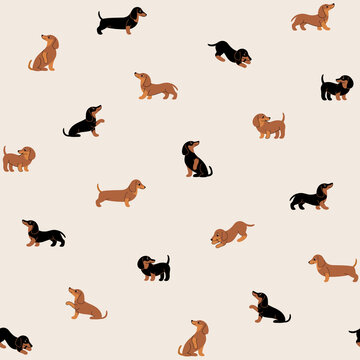 Cartoon happy dachshund - seamless trendy pattern with dogs in various poses. Flat vector illustration for prints, clothing, packaging and postcards.