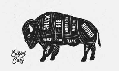 Obraz premium Cuts of Bison. Butcher Diagram, scheme, chart. Bison, Buffalo sketch silhouette isolated on white background. Vintage Poster for butcher shop, barbecue. Vector illustration
