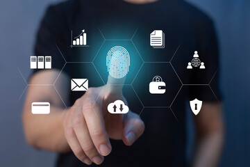 Person touching virtual screen to scan fingerprints, digital transformation management concept. Internet of Things, Big Data and Business Processes, Automation, Storage Systems, Cloud Computing