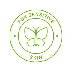 Dermatology for Sensitive Skin Line Green Stamp. Tested for Hypoallergenic Type of Face Skin Outline Sticker. Dermatologically Label. Butterfly Symbol of Sensitive Skin. Isolated Vector Illustration