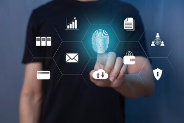 Person touching virtual screen to scan fingerprints, digital transformation management concept. Internet of Things, Big Data and Business Processes, Automation, Storage Systems, Cloud Computing