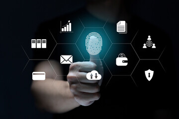 Person touching virtual screen to scan fingerprints, digital transformation management concept. Internet of Things, Big Data and Business Processes, Automation, Storage Systems, Cloud Computing