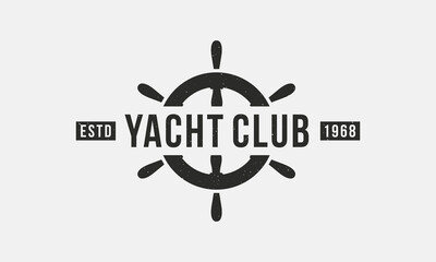 Nautical vintage logo. Marine template logo with Sea Wheel icon and grunge texture. Yacht Club retro design poster. Label, badge, poster. Vector illustration