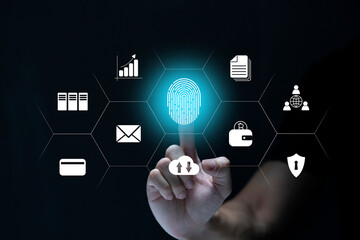 Person touching virtual screen to scan fingerprints, digital transformation management concept. Internet of Things, Big Data and Business Processes, Automation, Storage Systems, Cloud Computing