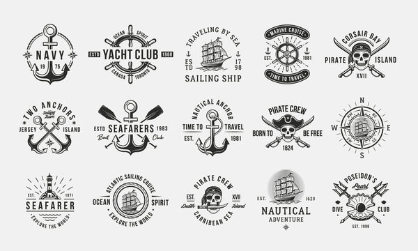 Vintage logo set with marine elements. 15 Nautical emblems. Hipster Design. Pirates, Sea labels. Vector illustration